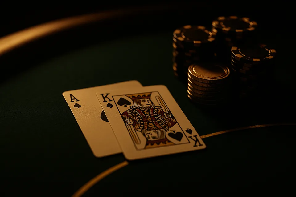 Live blackjack table with an Ace and King and gold chip stacks