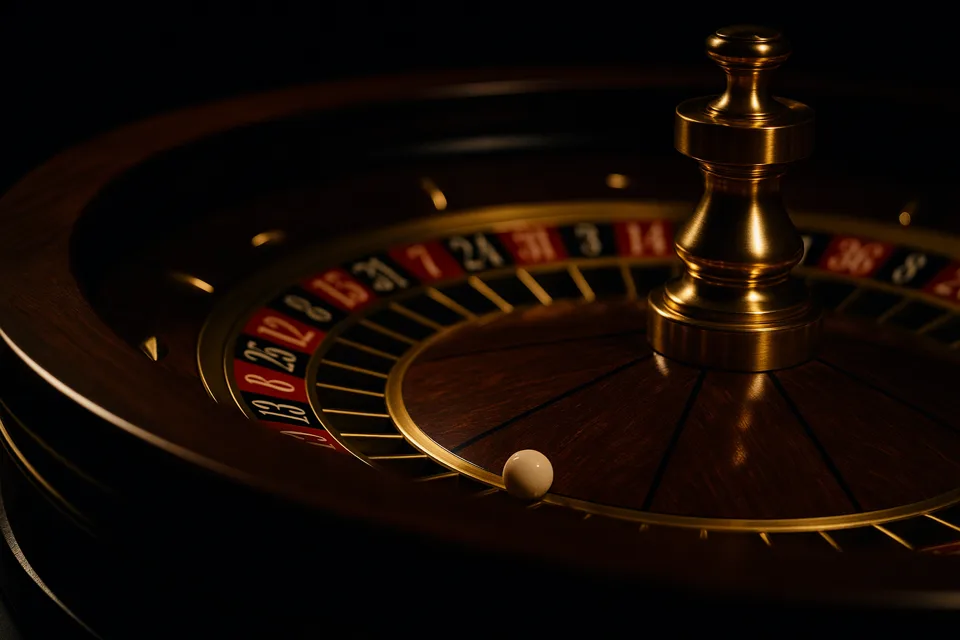 European roulette wheel close-up with the ball in a numbered pocket