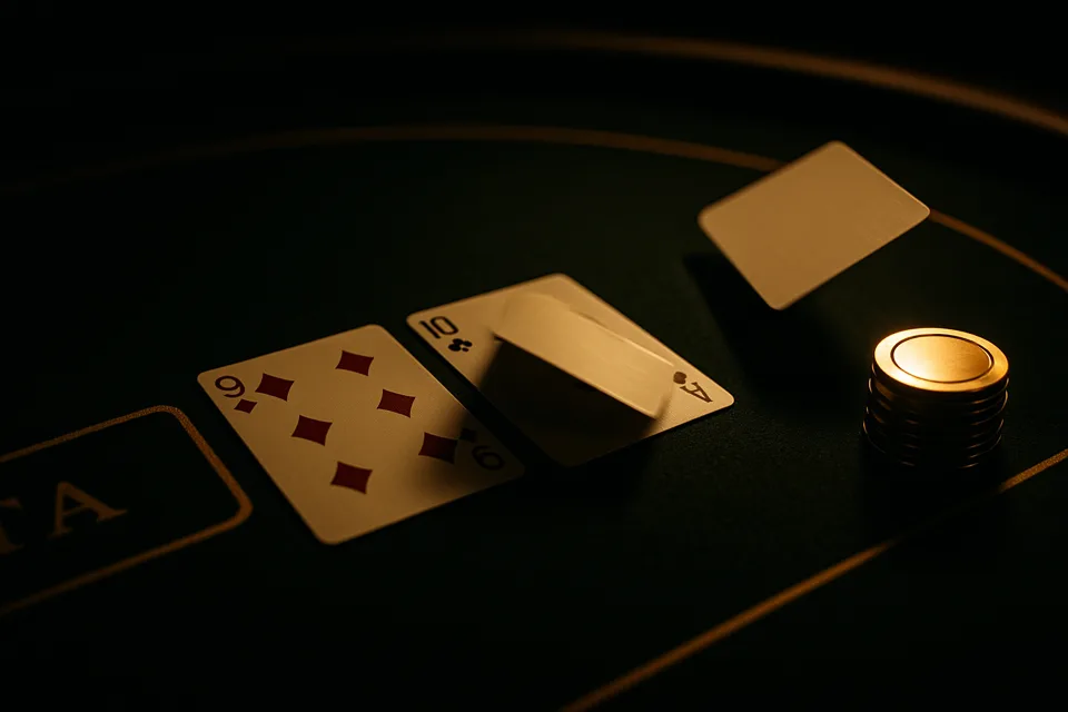 Live baccarat table with cards being dealt and a gold chip stack