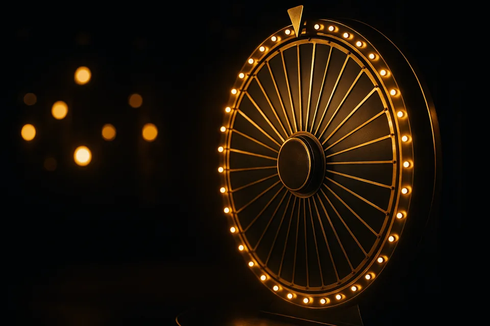 Lit money wheel on a live game show studio set