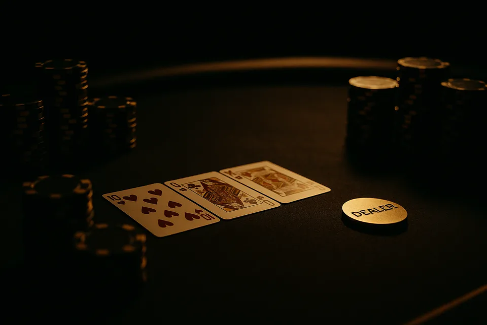 Live poker table with community cards a gold dealer button and chips