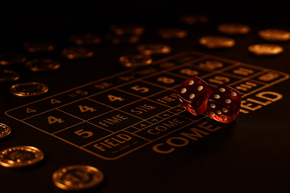 Red dice mid-roll on a dark felt craps layout with gold chips
