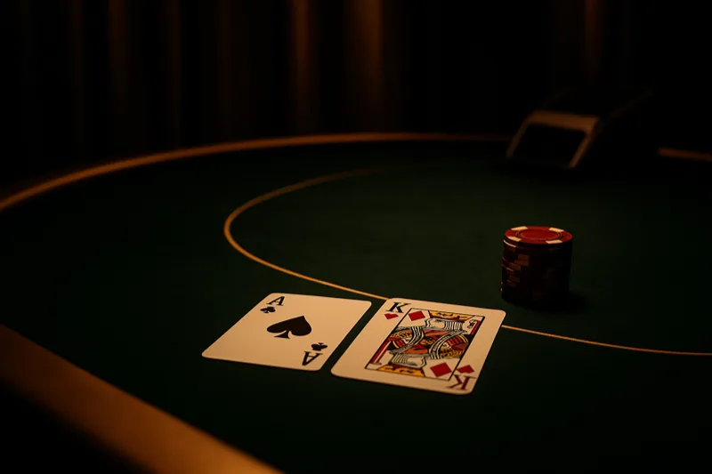 Live blackjack table with an Ace and King dealt and a chip stack