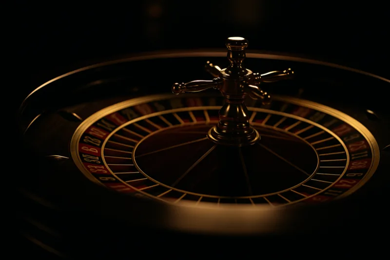 Red and gold roulette wheel spinning in close-up