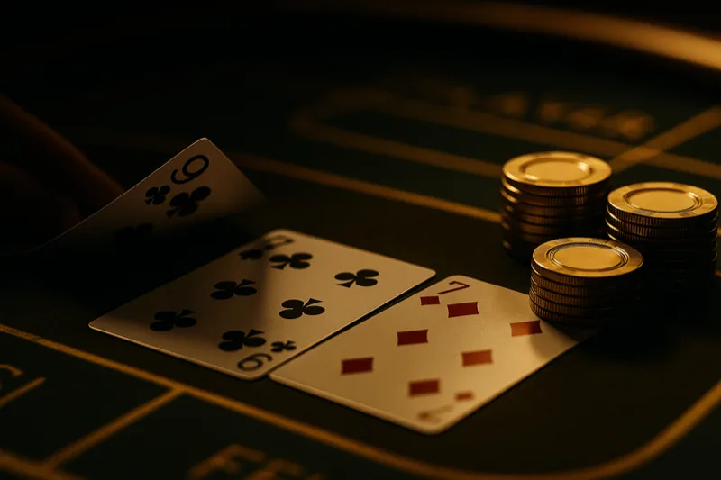 Live baccarat cards on green and gold felt with gold chip stacks