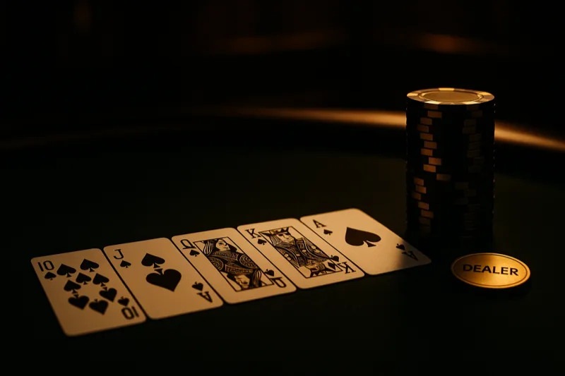 Royal flush of spades fanned on dark felt with a gold dealer button