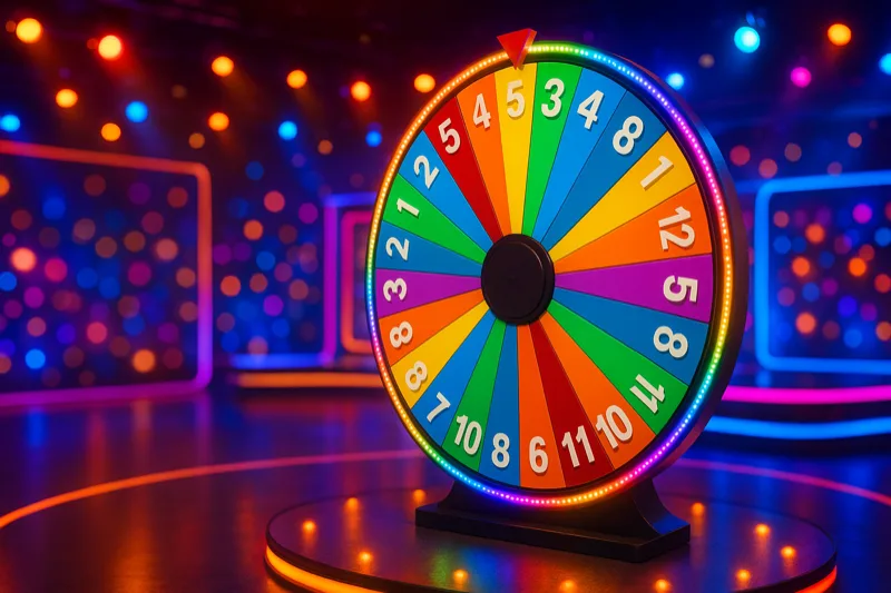 Colourful game show money wheel in a neon lit studio