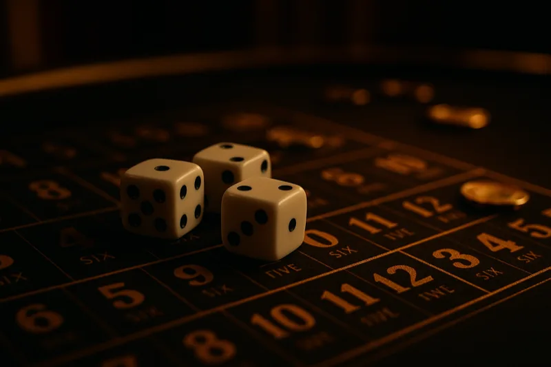 Three dice on a glowing gold sic bo betting grid